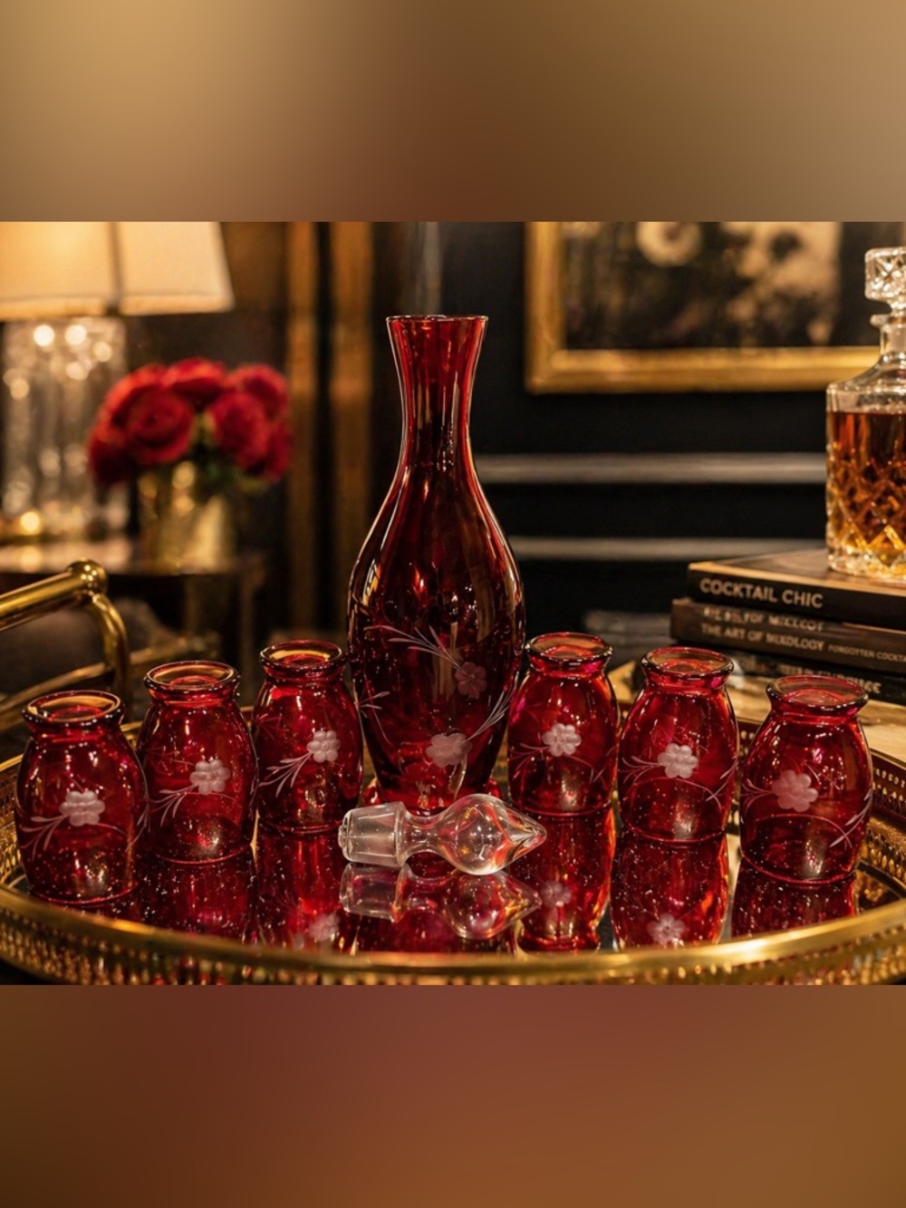 Vintage Ruby Red Glass Decanter Set | Etched Floral  Barware Mid Century